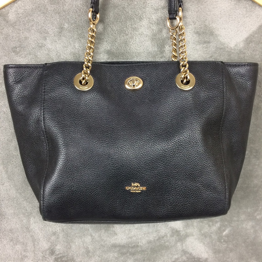 Coach Turnlock Chain Tote 27 Black Pebbled Leather No Hangtag